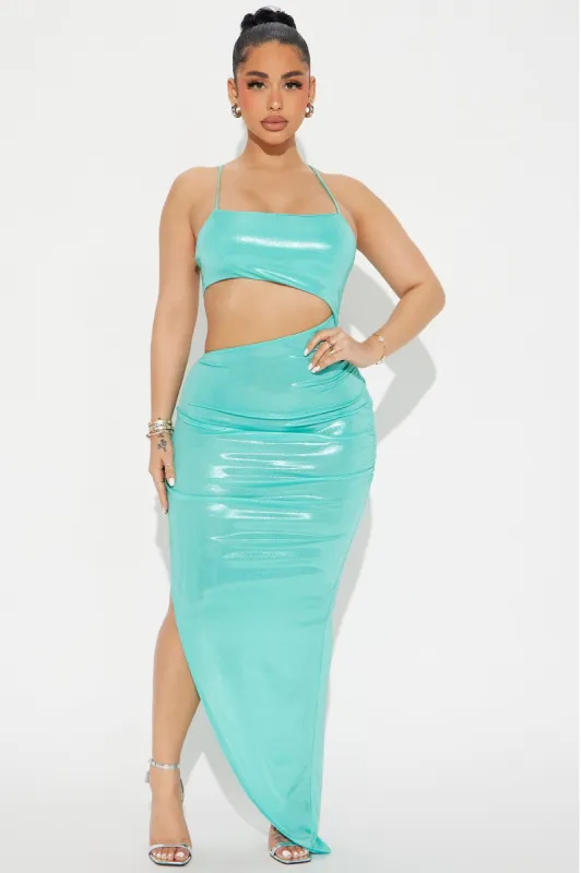 Weekend Plans Metallic Maxi Dress - Aqua sold by Fashion Nova