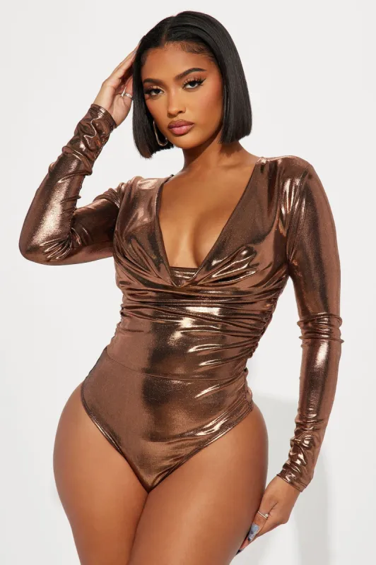 Cassandra Metallic Bodysuit - Bronze sold by Fashion Nova