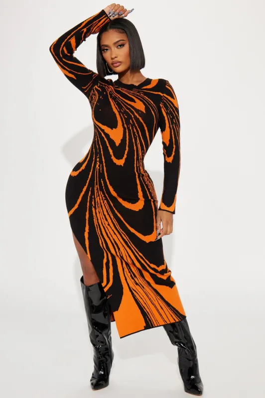 Amara Abstract Sweater Maxi Dress - Orange/combo sold by Fashion Nova