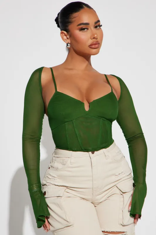 Leah Mesh Corset Top - Olive sold by Fashion Nova