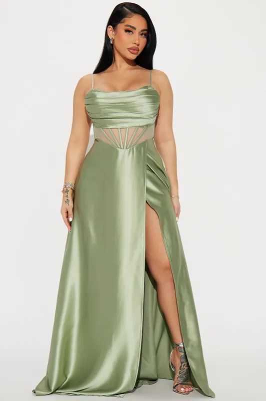 Kaylee Satin Gown - Sage sold by Fashion Nova