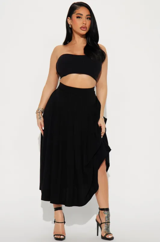 The Way She Walks Pleated Linen Midi Skirt - Black sold by Fashion Nova