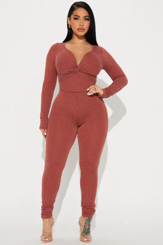 Always Adored Ribbed Jumpsuit  - Rust sold by Fashion Nova