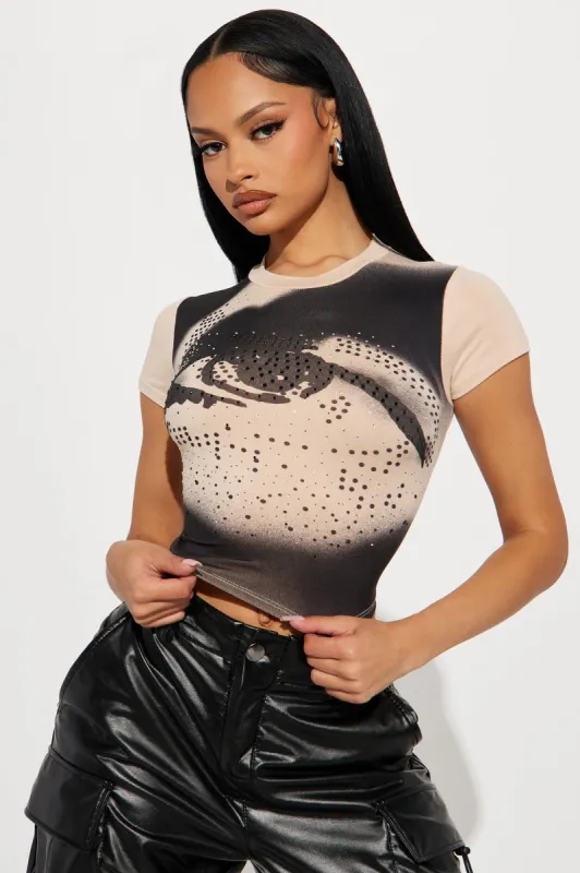 Eyes On You Rhinestone Short Sleeve Top - Taupe/combo sold by Fashion Nova
