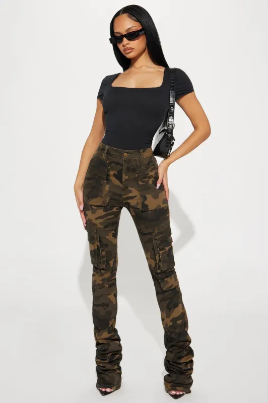 Just Like That Camo Cargo Stacked Pant - Olive/combo sold by Fashion Nova