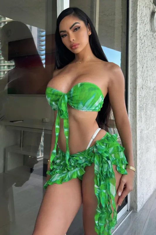Moments In Paradise Ruffles 3 Piece Bikini Set - Green/combo sold by Fashion Nova