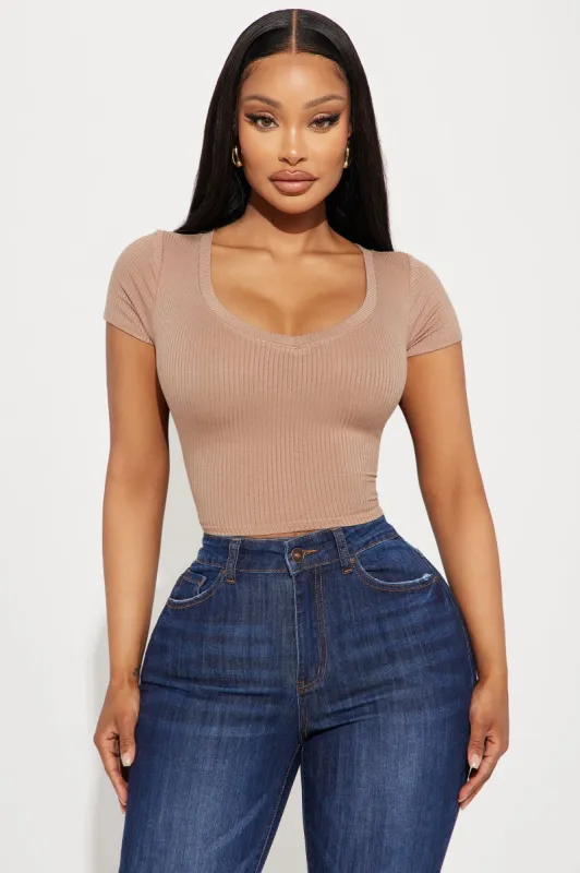 Valerie V-Neck Ribbed Tee - Taupe sold by Fashion Nova