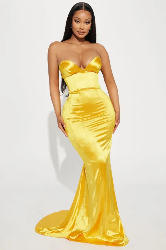 Charlotte Shiny Maxi Dress - Mustard sold by Fashion Nova