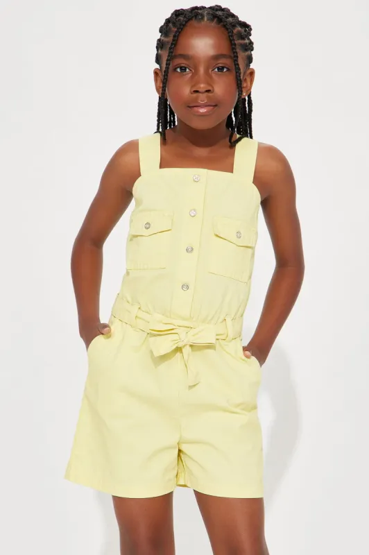 Mini Raquel Button Front Cargo Romper - Yellow sold by Fashion Nova