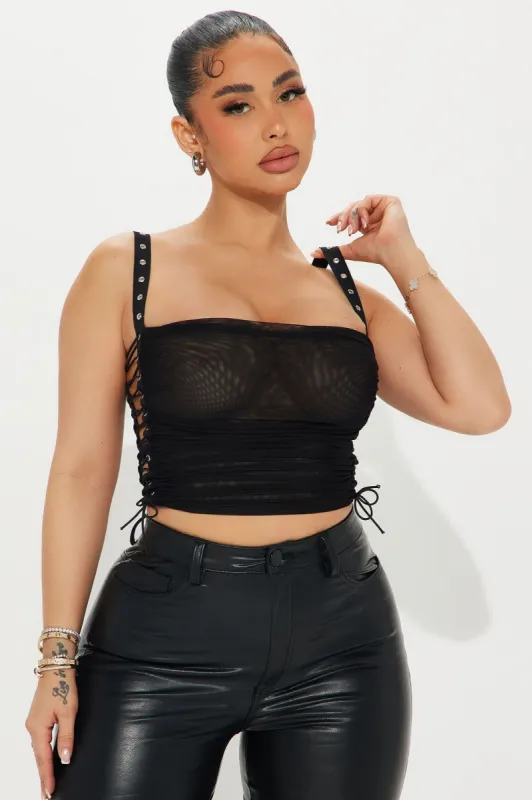 Ariana Lace Up Mesh Top - Black sold by Fashion Nova