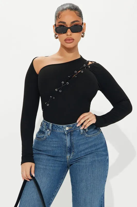 Ava Asymmetrical Lace Up Top - Black sold by Fashion Nova