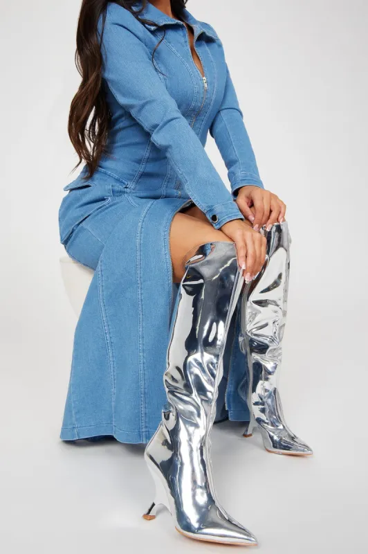 Making My Own Way Over The Knee Boots - Silver sold by Fashion Nova