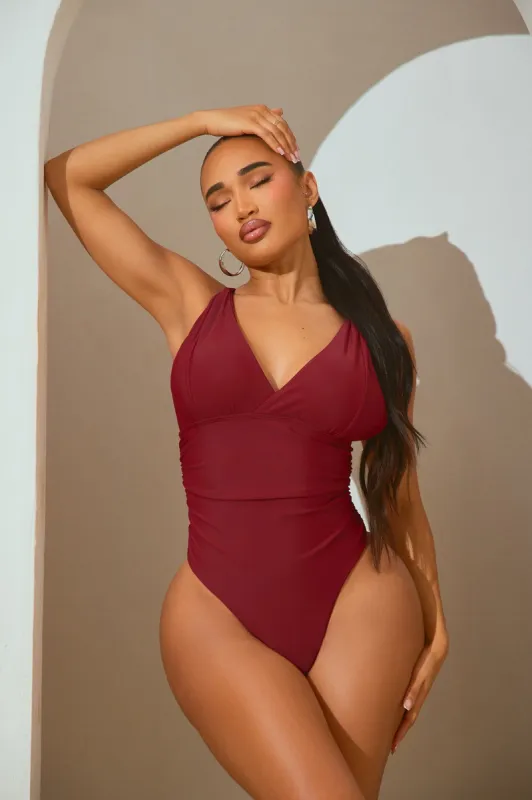 Myra Draped 1 Piece Swimsuit - Burgundy sold by Fashion Nova