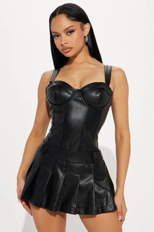 Never Mine Faux Leather Romper - Black sold by Fashion Nova