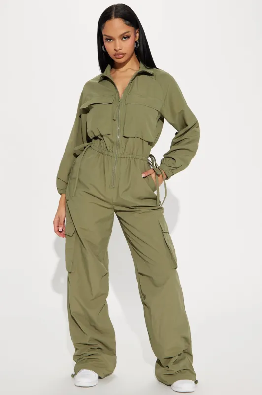 Don't Mention It Windbreaker Jumpsuit  - Olive sold by Fashion Nova