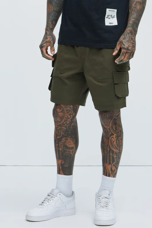 Catch Up Nylon Cargo Shorts - Olive sold by Fashion Nova