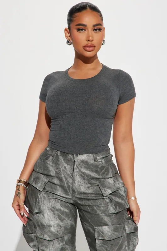 Ayana Ribbed Crew Neck Top - Charcoal sold by Fashion Nova
