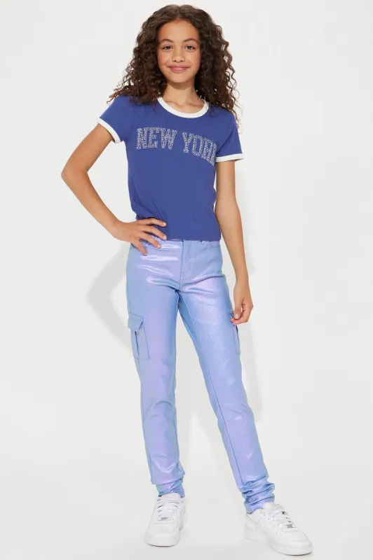 Mini Holographic Metallic Cargo Pant - Purple sold by Fashion Nova