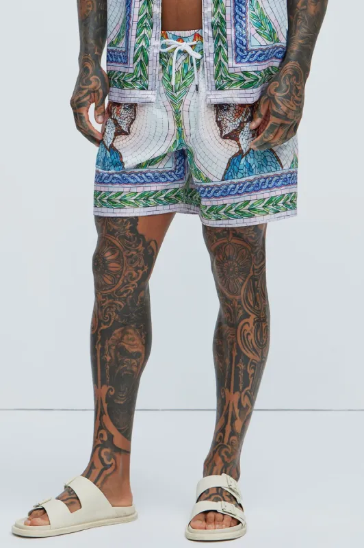 Atherton Mosaic Swim Trunks - Blue/combo sold by Fashion Nova