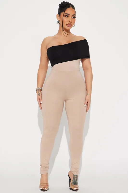 Catch A Ride Jumpsuit  - Taupe/combo sold by Fashion Nova