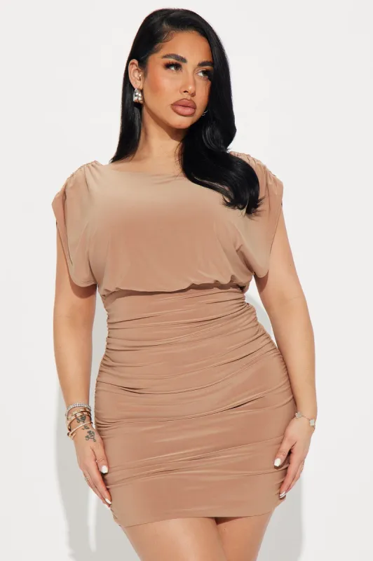 So Ruched Double Lined Mini Dress - Mocha sold by Fashion Nova