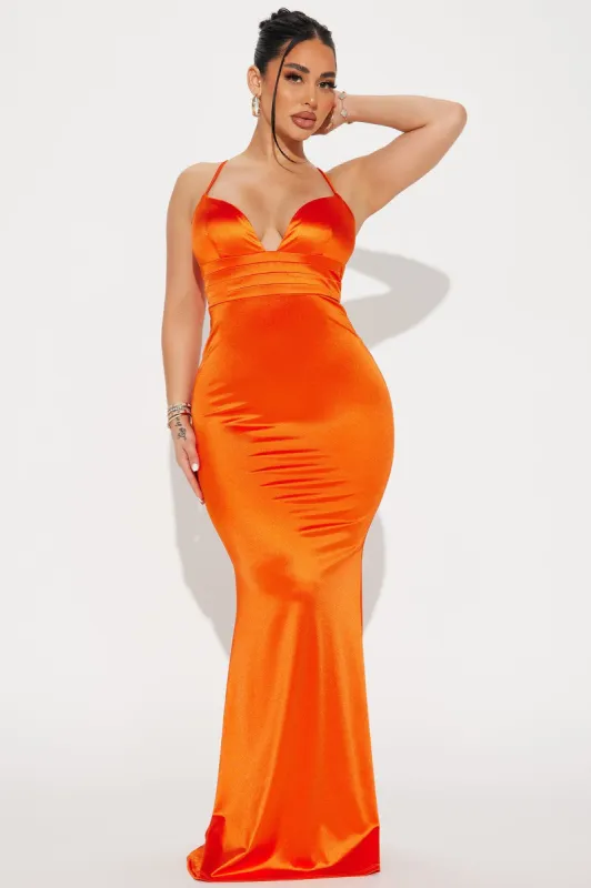 Stella Satin Maxi Dress - Orange sold by Fashion Nova