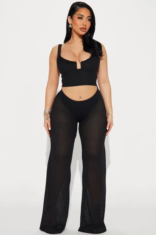 Later Tonight Fishnet Wide Leg Pant - Black sold by Fashion Nova