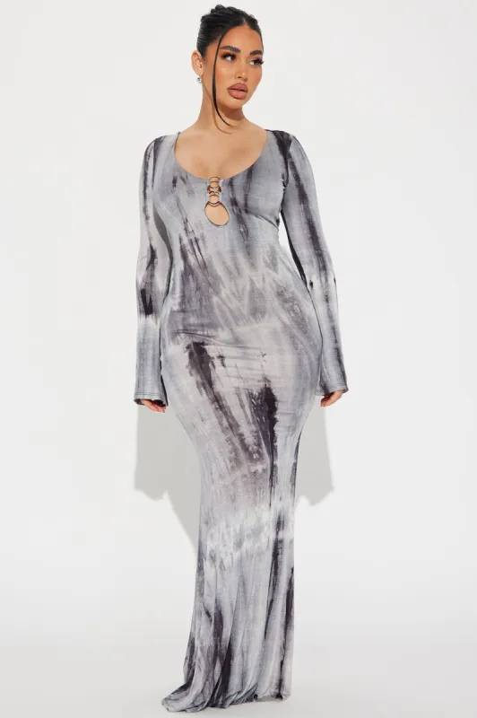 Tying Me Down Maxi Dress - Grey/combo sold by Fashion Nova