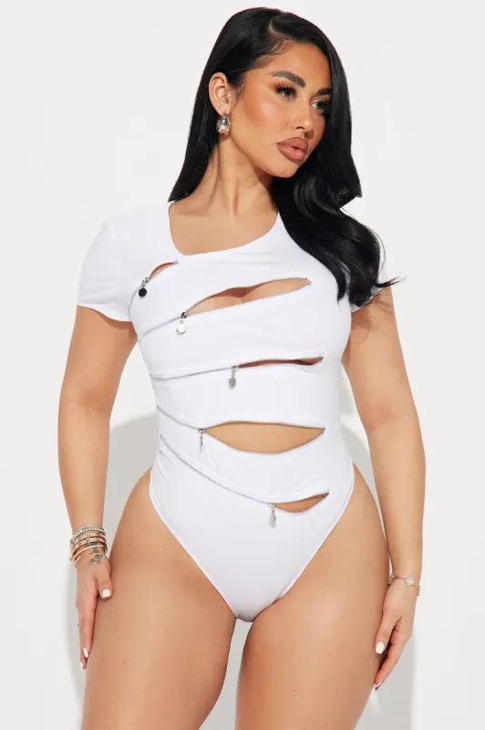 Unveiling Secrets Zipper Bodysuit - White sold by Fashion Nova