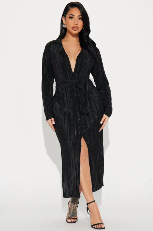 Isabella Plisse Shirt Dress - Black sold by Fashion Nova