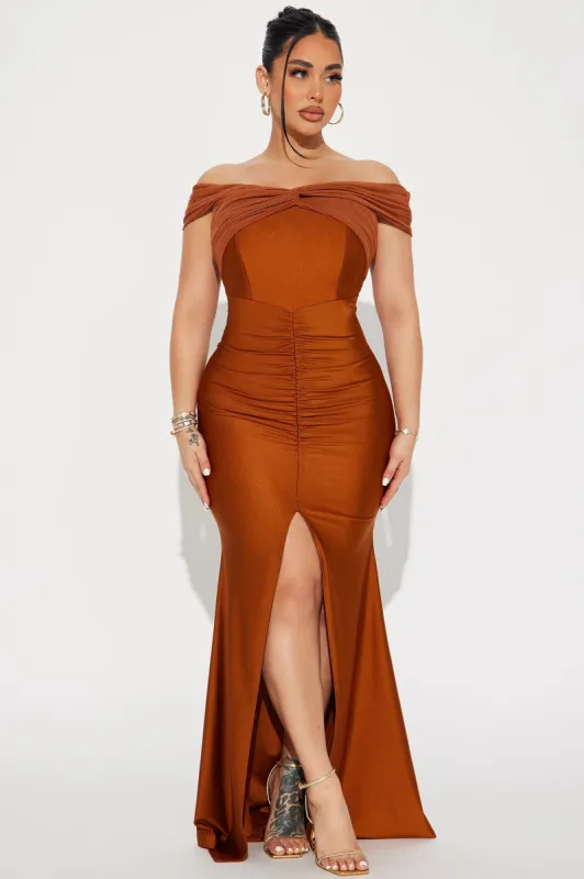 Lea Off Shoulder Gown - Brown sold by Fashion Nova