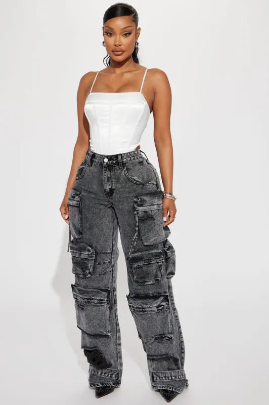 Millie Non Stretch Ripped Cargo Jeans - Acid Wash Black sold by Fashion Nova