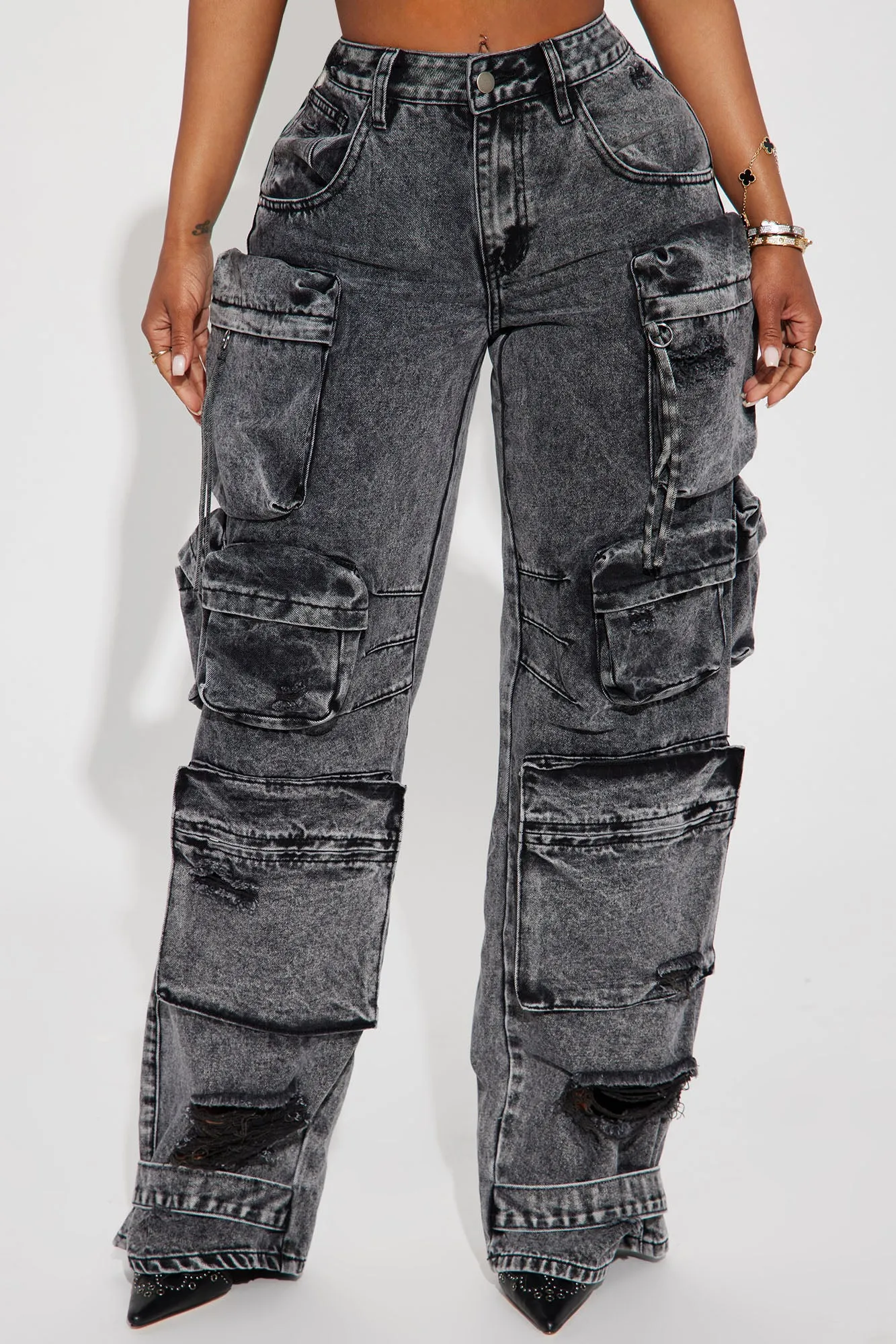 Millie Non Stretch Ripped Cargo Jeans - Acid Wash Black sold by Fashion Nova product image thumbnail 2