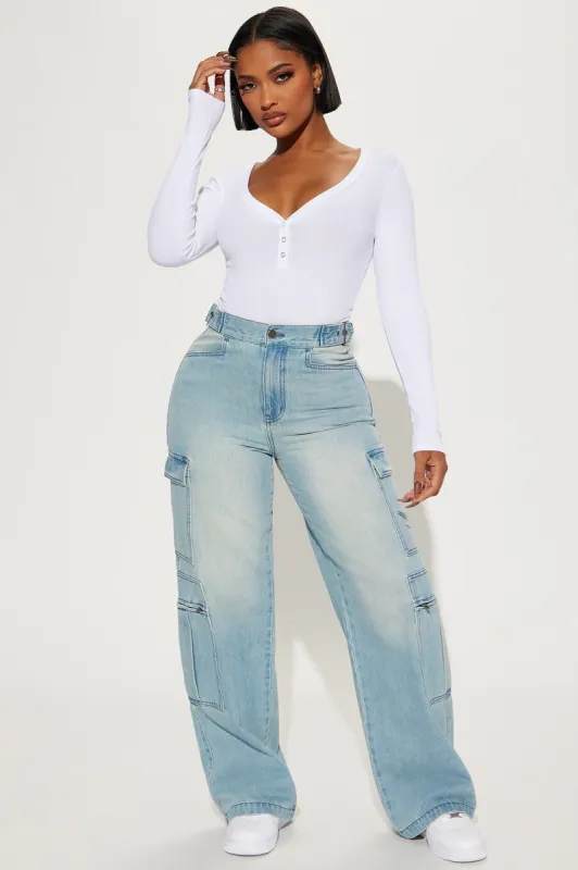 Just Once Tinted Baggy Cargo Jeans - Light Wash sold by Fashion Nova