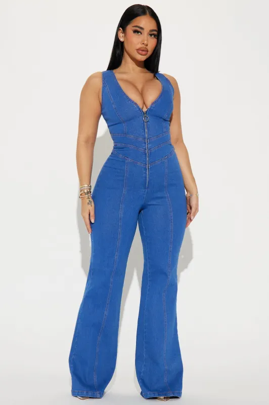 Making Headlines Denim Jumpsuit - Medium Wash sold by Fashion Nova