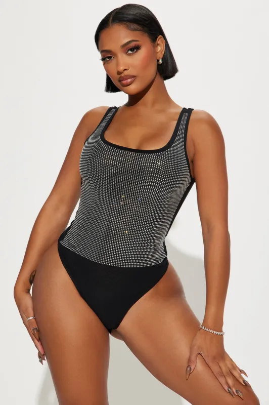 Just For Tonight Rhinestone Bodysuit - Black made by Fashion Nova