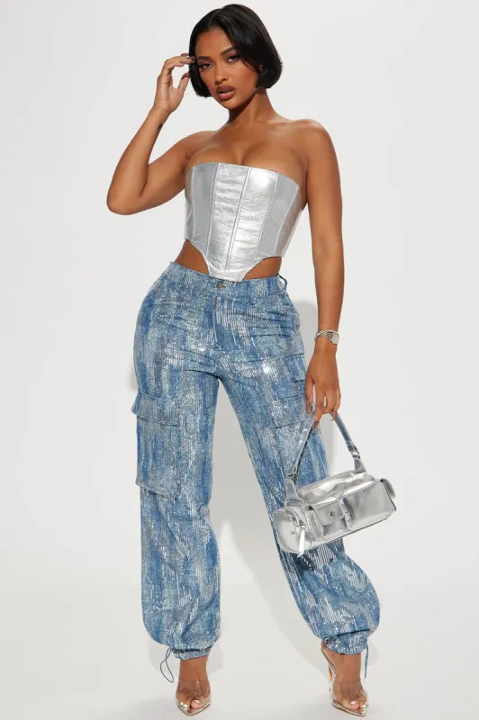 Got Me Glistening Sequin Cargo Pant - Medium Blue Wash sold by Fashion Nova