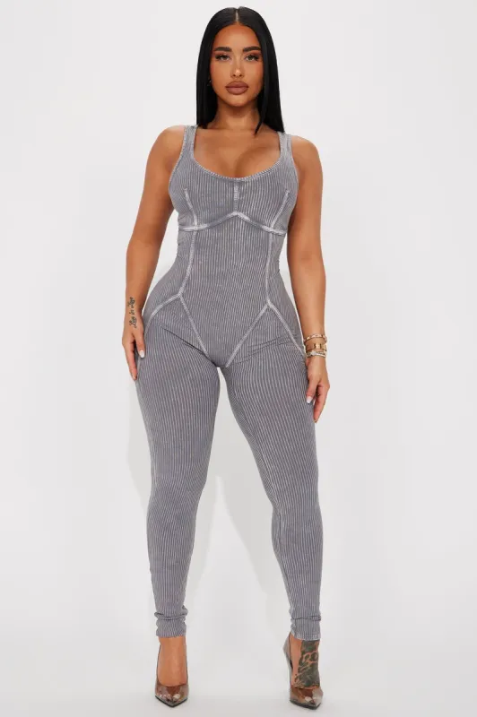 Shes Sassy Ribbed Mineral Wash Jumpsuit - Grey sold by Fashion Nova