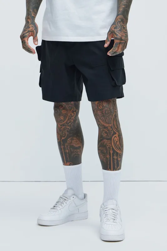 Catch Up Nylon Cargo Shorts - Black sold by Fashion Nova
