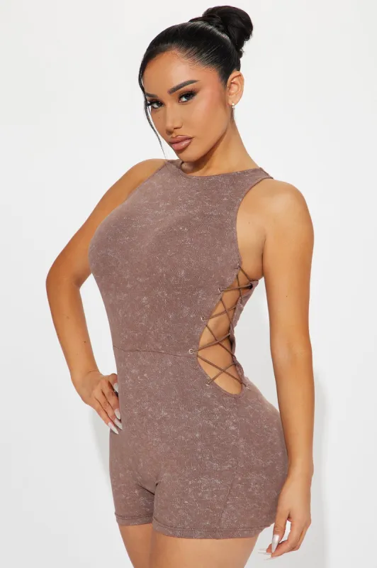 Tina Washed Romper - Brown sold by Fashion Nova