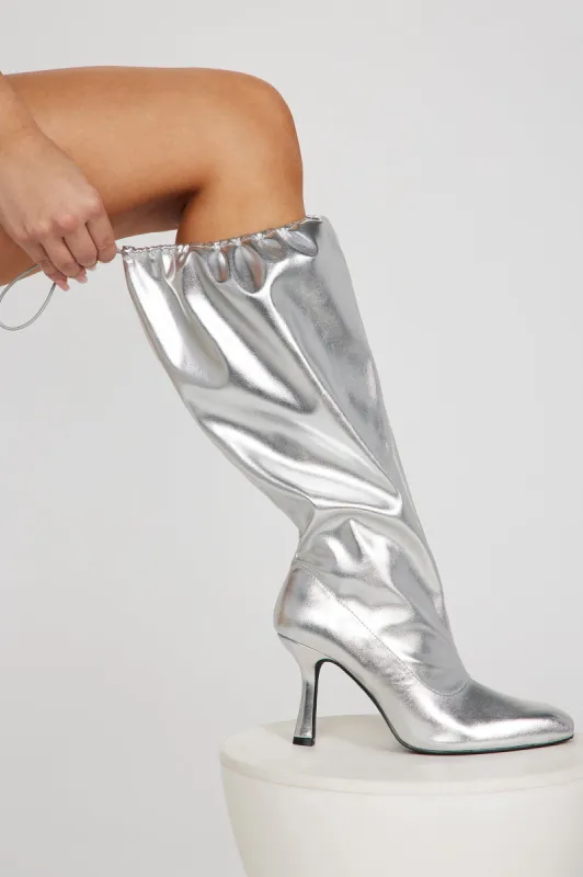 I Need Space Knee High Heeled Boots - Silver sold by Fashion Nova