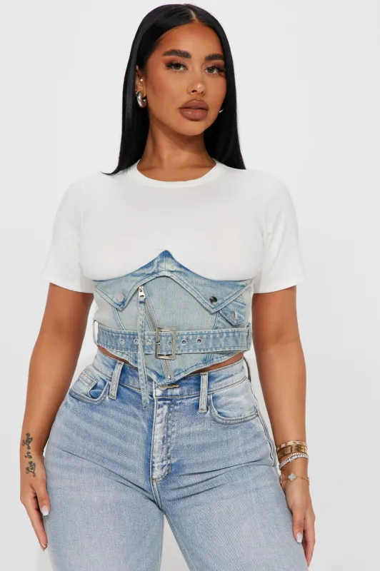Baddest Behavior Short Sleeve Denim Top - White sold by Fashion Nova