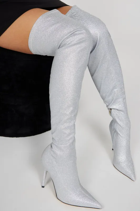 All That Sparkle Over The Knee Boots  - Silver sold by Fashion Nova