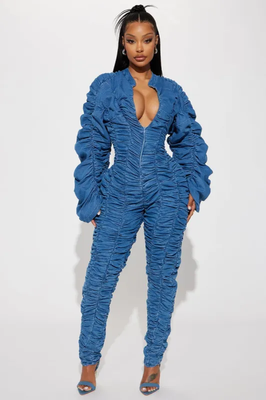 Slow Down Denim Jumpsuit  - Medium Wash sold by Fashion Nova