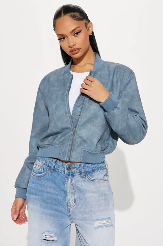 Carmen Washed Faux Leather Bomber Jacket - Blue sold by Fashion Nova