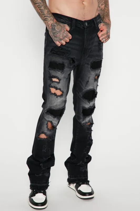 Back Me Up Ripped Stacked Skinny Flared Jeans - Black Wash sold by Fashion Nova