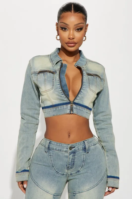 Safe Journey Moto Denim Jacket - Medium Wash sold by Fashion Nova