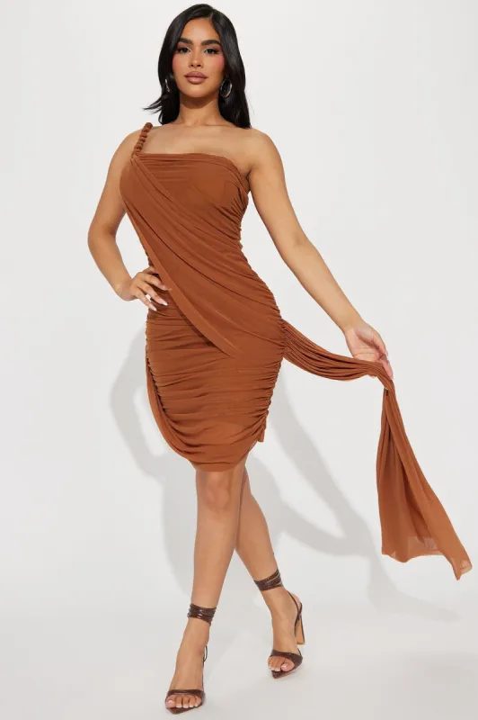 Lisa Ruched Mini Dress - Mocha sold by Fashion Nova