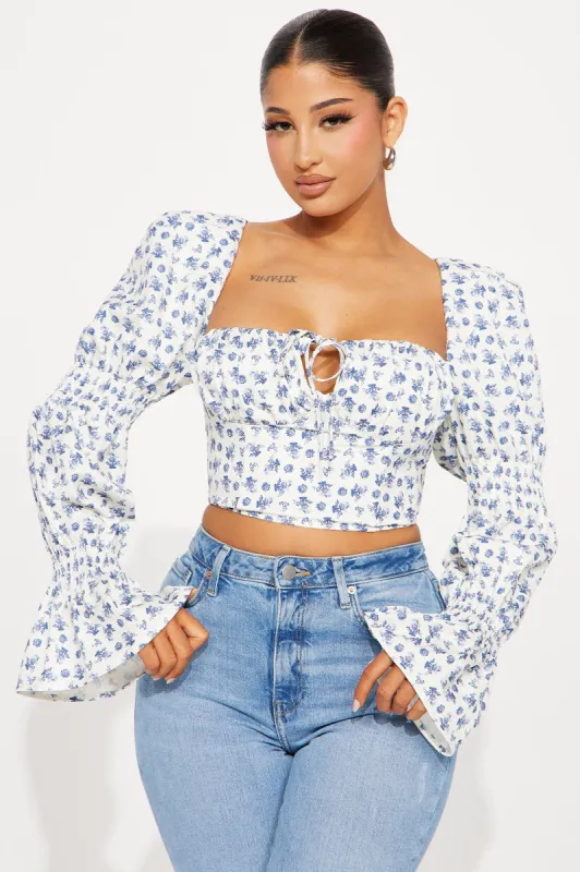 Ivy Floral Corset Top - White/Blue sold by Fashion Nova