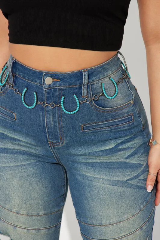 Rhinestone Horseshoe Chain Belt  - Silver/Blue sold by Fashion Nova
